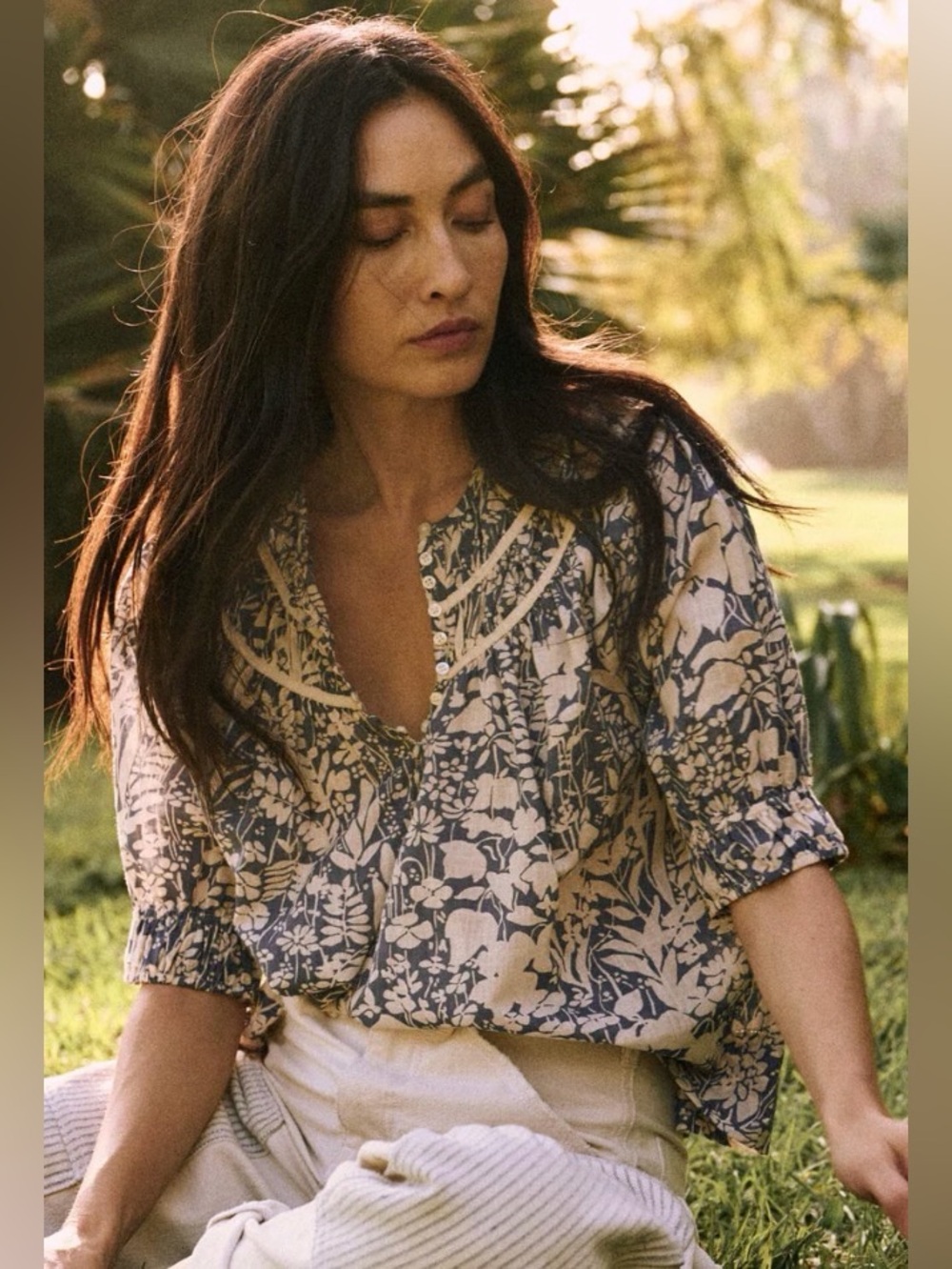 The Great Floral Boho Cool Blouse - Green & Off White